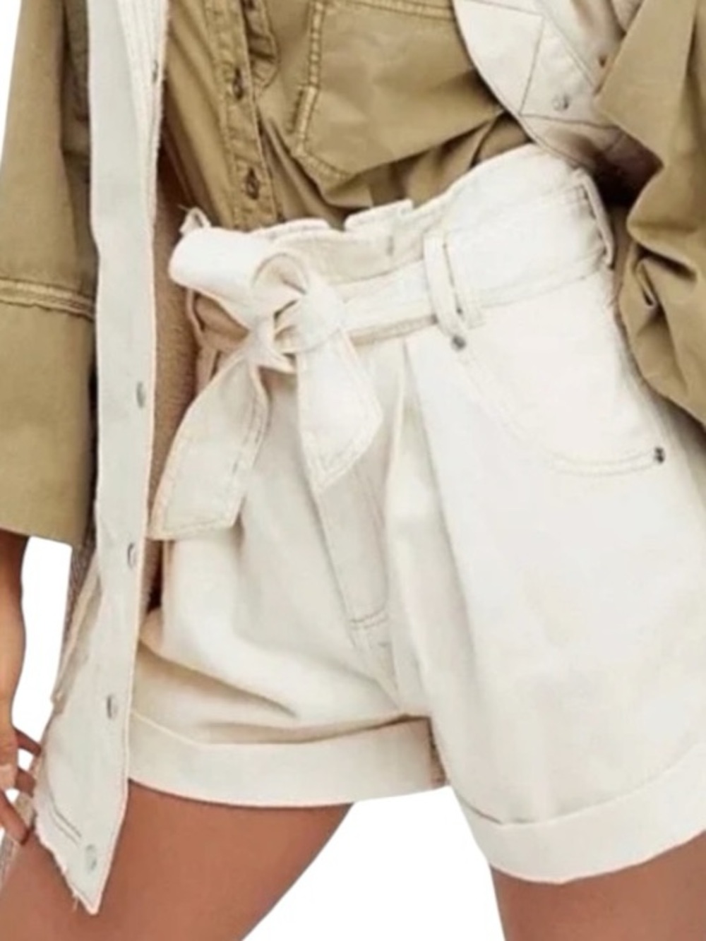 Free People Nova Denim Paperbag Shorts High Rise Boho Plume Cream NO BELT Small
